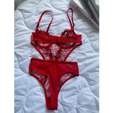 Shy Lola Lingerie Yeni Yıla Özel Kırmızı Brode Balenli Kapsız Bodysuit
