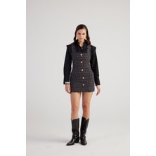 Holly Lolly Metal Düğme Detaylı Mini Tweed Elbise Siyah