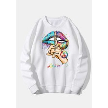 Mercoledi Oversize Beyaz Peace Baskılı 3 Iplik Sweatshirt