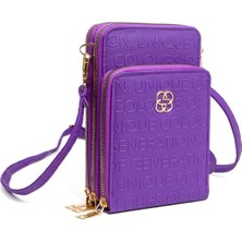 Desingshop Kadın Deri Telefon Bölmeli Çapraz Ayarlanabilir Çok Kullanışlı Askılı Cüzdan Mor Çanta