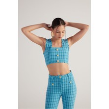 Holly Lolly Tüvit Kumaş Crop Tweed Büstiyer Mavi