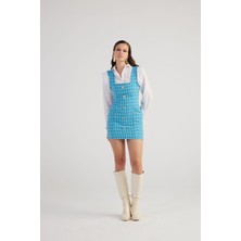 Holly Lolly Metal Düğme Detaylı Mini Tüvit Tweed Elbise Mavi