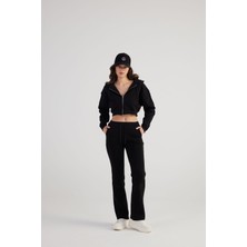 Holly Lolly Kadın Siyah Kapüşonlu Uzun Kol Fermuarlı Crop Mixed Sweat