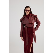 Holly Lolly Crop Model Kadın Neeko Deri Ceket Bordo Astarlı Kemerli Regular Kalıp Şık Tasarım