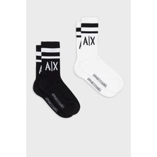Armani Exchange Streç Pamuklu Logolu ve Şeritli 2 Pack Çorap Bayan Çorap 943030 CC650 00121