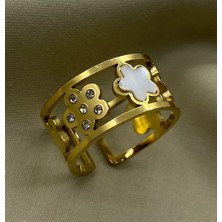 By Nur Takı Çelik Gold Renk Çiçek Model Ayarlanabilir Yüzük