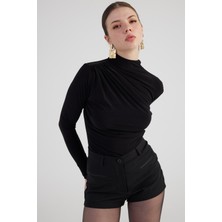 Holly Lolly Drape Detaylı Balıkçı Yaka Fables Bluz Siyah