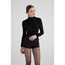 Holly Lolly Drape Detaylı Balıkçı Yaka Fables Bluz Siyah