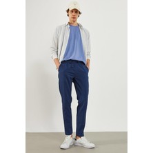 Alfred Beli Lastikli Çizgili Gofre Pantolon - Lacivert