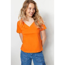 Tight Lady %100 Pamuk Süper Kalite Oranj V-Yaka Kadın Basic Tişört Örme Pamuk Penye T-Shirt Turuncu Orange