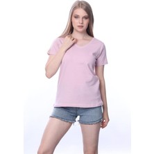 Tight Lady Süper Kalite Pembe V Yaka Kadın Tişört Düz Renk Basic Organik Pamuk Örme Penye T-Shirt