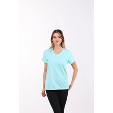 Tight Lady %100 Pamuk Süper Kalite Mint V Yaka Kadın Basic Tişört Örme Pamuk Penye T-Shirt