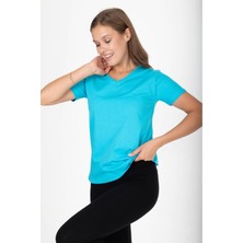 Tight Lady %100 Pamuk Süper Kalite Turkuaz Mavisi V Yaka Kadın Basic Tişört Örme Pamuk Penye T-Shirt