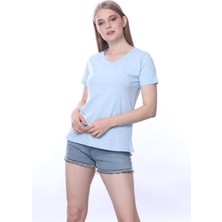 Tight Lady Süper Kalite Mavi V Yaka Kadın Tişört Düz Renk Basic Organik Pamuk Örme Penye T-Shirt