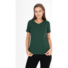 Tight Lady %100 Pamuk Süper Kalite Zümrüt Yeşili V Yaka Kadın Basic Tişört Örme Pamuk Penye T-Shirt