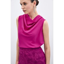Sateen Degaje Yaka Şifon Bluz - Fuşya