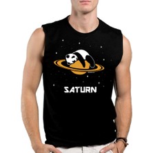 Rock&Roll Satürnde Panda Siyah Kesik Kol / Kolsuz Erkek T-Shirt