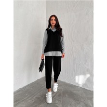 Kadın Süveterli Uzun Kol Çizgili Gömlekli Modal Rahat Takım