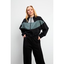 Lilian Kapüşonlu Fermuarlı Paraşüt Sweatshirt - Siyah