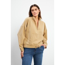 Kadın Yarım Fermuarlı Paraşüt Sweatshirt - Bej
