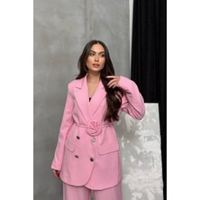 Msm Fashion Kadın Ikili Blazer Ceket Pantolon Takım Aksesuar ve Düğme Detaylı Bol Paça