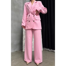 Msm Fashion Kadın Ikili Blazer Ceket Pantolon Takım Aksesuar ve Düğme Detaylı Bol Paça