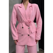 Msm Fashion Kadın Ikili Blazer Ceket Pantolon Takım Aksesuar ve Düğme Detaylı Bol Paça