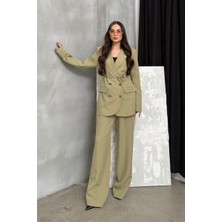 Msm Fashion Kadın Ikili Blazer Ceket Pantolon Takım Aksesuar ve Düğme Detaylı Bol Paça