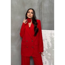 Msm Fashion Kadın Ikili Blazer Ceket Pantolon Takım Aksesuar ve Düğme Detaylı Bol Paça