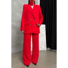 Msm Fashion Kadın Ikili Blazer Ceket Pantolon Takım Aksesuar ve Düğme Detaylı Bol Paça