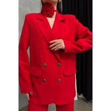 Msm Fashion Kadın Ikili Blazer Ceket Pantolon Takım Aksesuar ve Düğme Detaylı Bol Paça