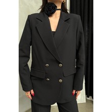 Msm Fashion Kadın Ikili Blazer Ceket Pantolon Takım Aksesuar ve Düğme Detaylı Bol Paça