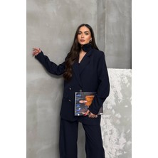 Msm Fashion Kadın Ikili Blazer Ceket Pantolon Takım Aksesuar ve Düğme Detaylı Bol Paça