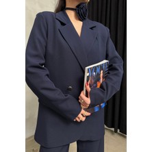 Msm Fashion Kadın Ikili Blazer Ceket Pantolon Takım Aksesuar ve Düğme Detaylı Bol Paça