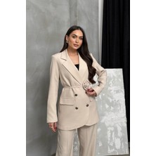 Msm Fashion Kadın Ikili Blazer Ceket Pantolon Takım Aksesuar ve Düğme Detaylı Bol Paça