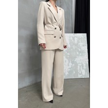Msm Fashion Kadın Ikili Blazer Ceket Pantolon Takım Aksesuar ve Düğme Detaylı Bol Paça