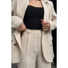 Msm Fashion Kadın Ikili Blazer Ceket Pantolon Takım Aksesuar ve Düğme Detaylı Bol Paça
