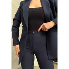 Msm Fashion Kadın Ikili Blazer Ceket Pantolon Takım Pile ve Düğme Detaylı Boru Paça