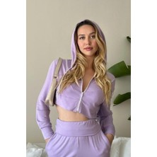 Penye Bizden Kadın Viskon Kapşonlu Oversize Crop Sweatshirt-Lila