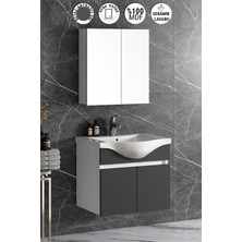 Özceden Yıldız 65 cm Beyaz-Antrasit Gri Mat Mdf Seramik Lavabolu Asma Banyo Dolabı Takımı