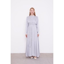 Lêvi D'or Gri Bel Kemerli Taşlı Elbise