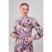 Lila Önü Büzgülü Şifon Elbise