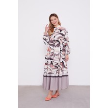 Kahve Eteği Volanlı Soyut Desen Elbise