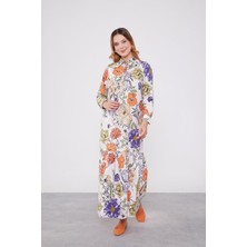 Yeşil Çiçekli Gömlek Yaka Empirme Elbise