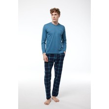 Malabadi Füme Ekoseli Erkek Pijama Takımı V Yaka Kışlık Uzun Kollu Pijama 6014
