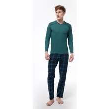 Füme Ekoseli Erkek Pijama Takımı V Yaka Kışlık Uzun Kollu Pijama 6014