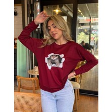 Veramall Kadın Uzun Kollu Bisiklet Yaka Kedi Desenli Viskon Iki Iplik Bluz