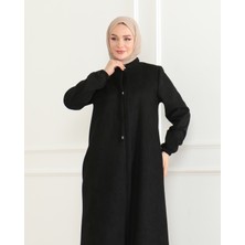 Efelif Tesettür Giyim Siyah Kışlık Fermuarlı Cepli Süet Ferace  F-6003