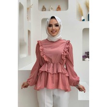 Fırfır Detay Bel Lastikli Kat Görünümlü Bluz 5207 Pudra
