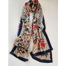Gucci Vual Ipek Şal Çiçekli  G Baskılı Lacivert Vizon
